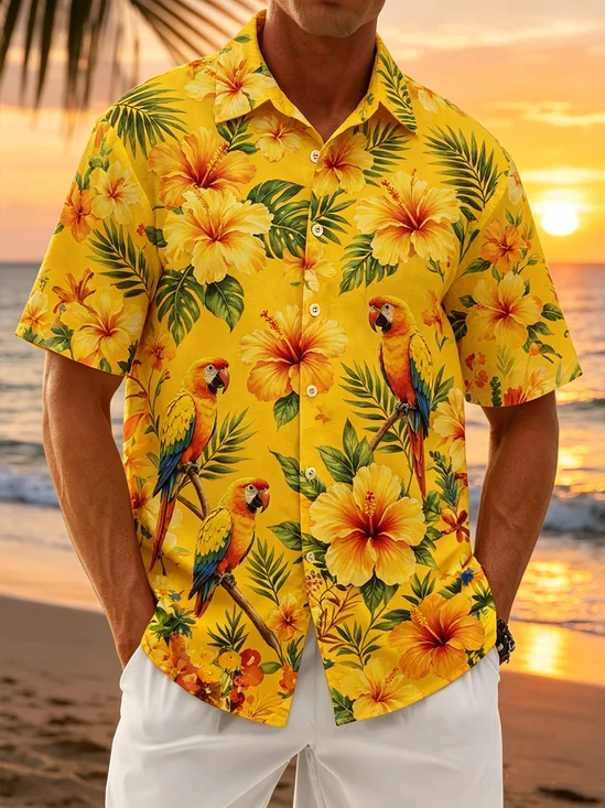 Linen-Texture Tropical Botanical & Parrot Print Chest Pocket Holiday Hawaiian Shirt