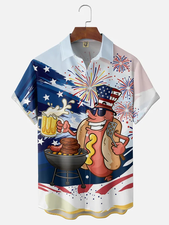 Moisture-Wicking USA Flag Independence Day Hot Dog BBQ Party Print Chest Pocket Holiday Hawaiian Shirt