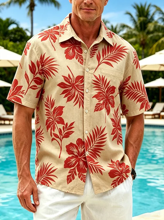 Linen-Texture Tropical Floral Pocket Holiday Hawaiian Shirt