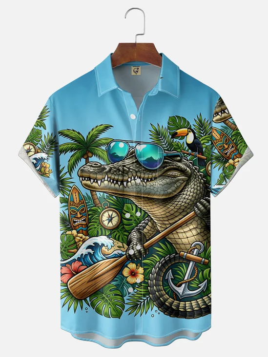 Moisture-Wicking Beach Crocodile Party Print Chest Pocket Holiday Hawaiian Shirt