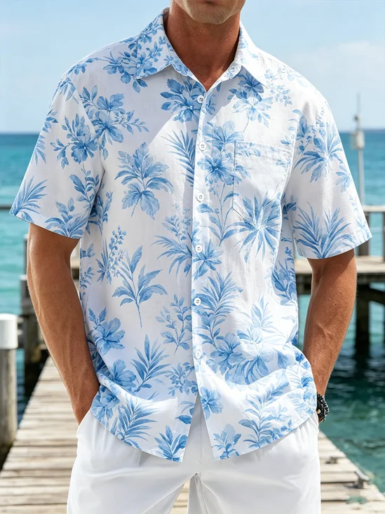 Linen-Texture Tropical Floral Pocket Holiday Hawaiian Shirt