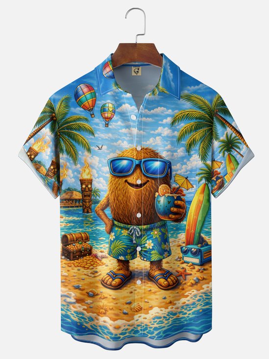 Linen-Texture Tropical Coconut Themed Beach Vacation Style with Chest Pocket Hawaiian Shirt