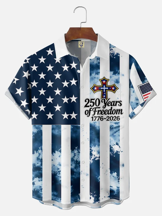 Big Size Moisture-wicking 250th Anniversary Independent Day American Flag USA Freedom Chest Pocket Patriotic Shirt