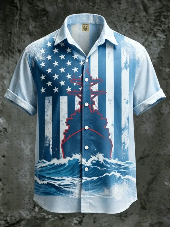 Moisture-wicking Independent Day American Flag Navy Veterans Chest Pocket Patriotic Shirt