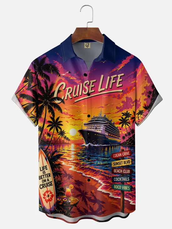 Moisture-Wicking Cruise Life & Vacation Scenery Chest Pocket Holiday Hawaiian Shirt