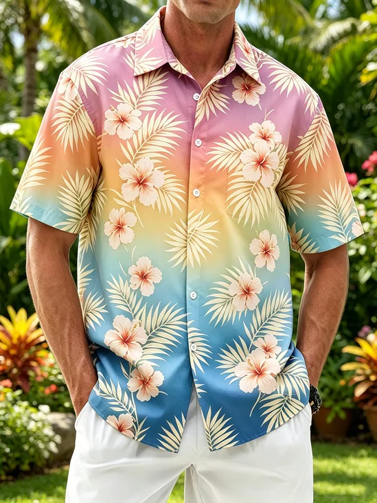 Linen-Texture Tropical Floral Pocket Holiday Hawaiian Shirt