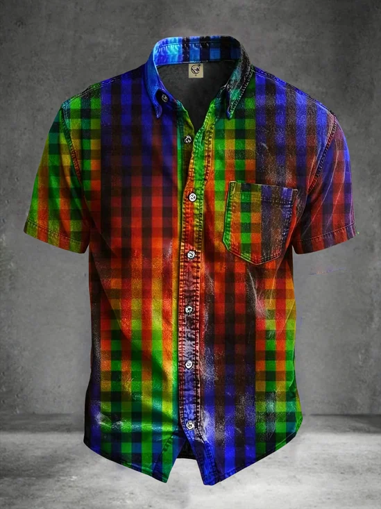 Moisture-Wicking Gradient Abstract Plaid Chest Pocket Holiday Hawaiian Shirt