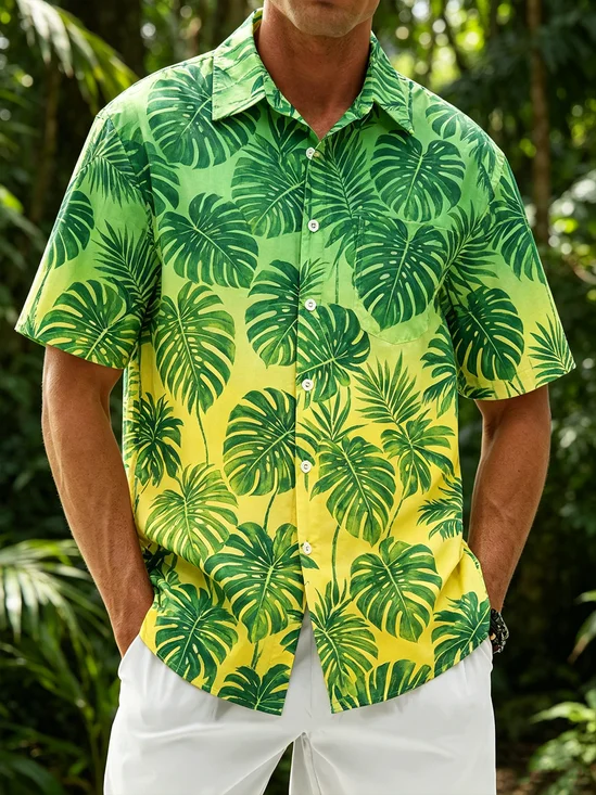 Linen-Texture Tropical Floral Pocket Holiday Hawaiian Shirt