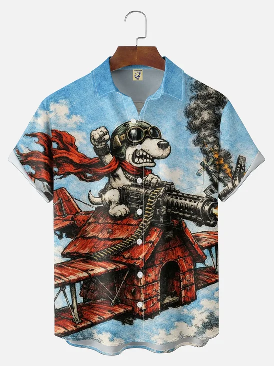 Big Size Moisture-Wicking Abstract Airplane & Dog Pattern and Chest Pocket Holiday Hawaiian Shirt