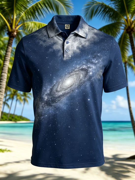 Moisture-Wicking Gradient Cosmic Galaxy Short-Sleeve Hawaiian Golf Polo