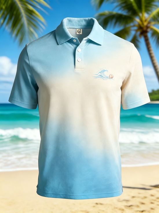 Moisture-Wicking Ombré Waves & Seashells Short-Sleeve Hawaiian Golf Polo