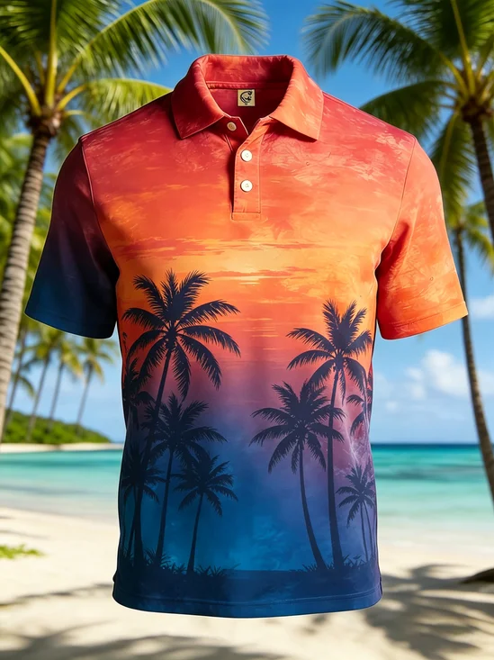 Moisture-Wicking Gradient Tropical Botanical & Coconut Tree Short-Sleeve Hawaiian Golf Polo