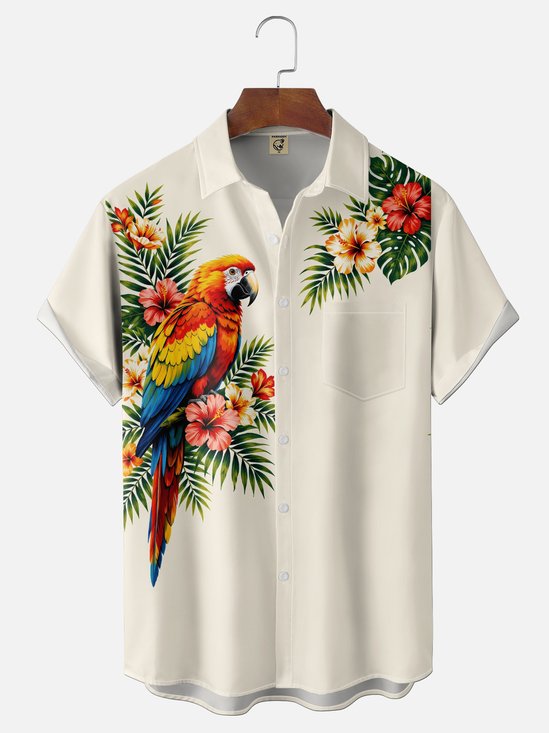 Moisture-Wicking Gradient Parrot & Tropical Floral Chest Pocket Hawaiian Shirt