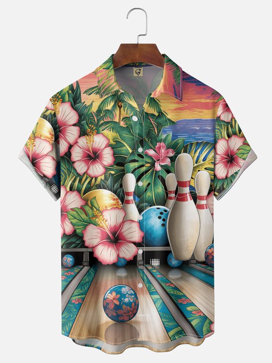 Moisture-Wicking  Gradient Floral & Bowling Leaf Pattern Chest Pocket Hawaiian Shirt