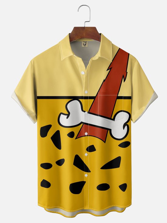 Moisture-Wicking Cartoon-Themed Costume The Flintstones Chest Pocket Hawaiian Shirt