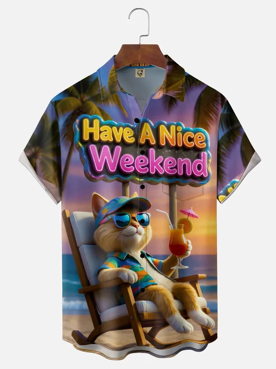 Moisture-Wicking Gradient Have A Nice Weekend Beach Cat & Cocktail Chest Pocket Hawaiian Shirt
