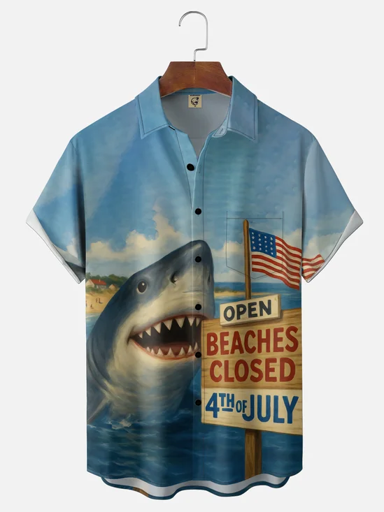 Moisture-Wicking July 4th Independence Day Shark Pattern Chest Pocket Hawaiian Shirt