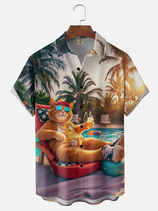 Moisture-Wicking Fun Holiday Cat Print Chest Pocket Hawaiian Shirt