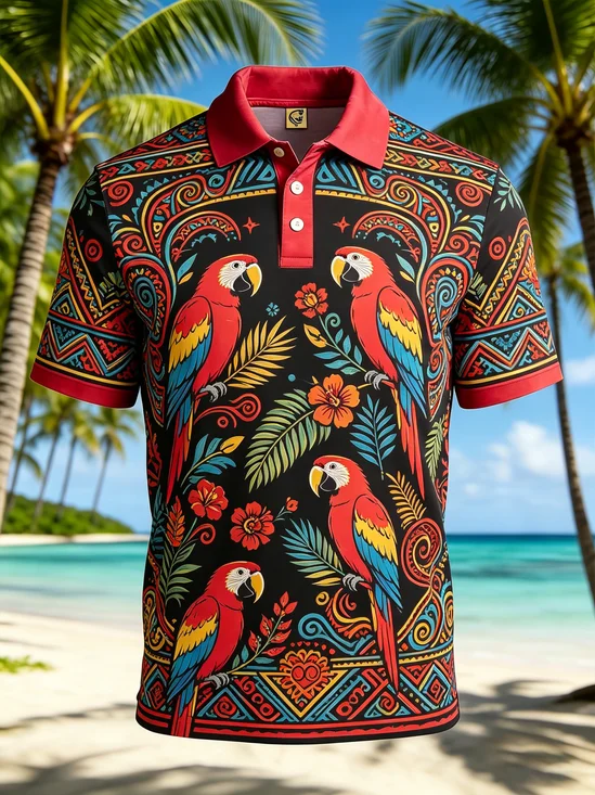 Moisture-Wicking Gradient Parrot Leaf Floral & Geometric Pattern Short-Sleeve Hawaiian Golf Polo