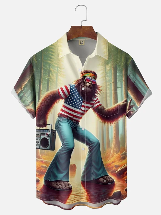 Moisture-Wicking  U.S. Independence Day Bigfoot Music & Holiday Chest Pocket Design Hawaiian Shirt