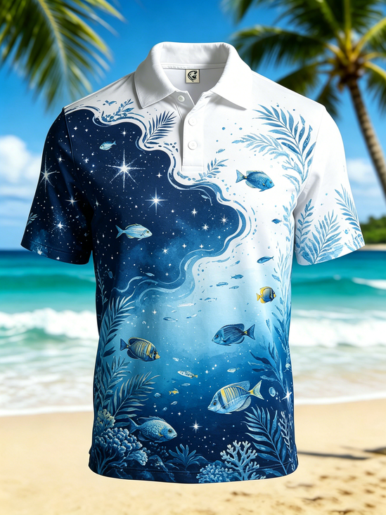 Moisture-Wicking Ombré Fish Seaweed And Coral Pattern Short-Sleeve Hawaiian Golf Polo