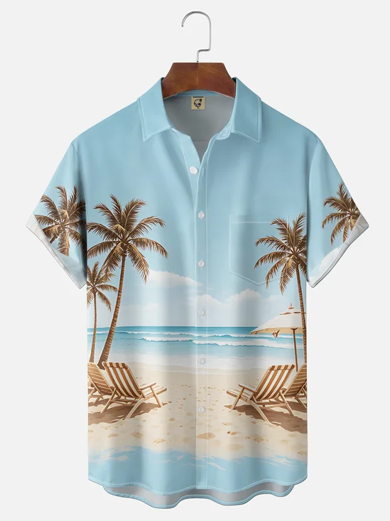 Moisture-Wicking Gradient Beach & Coconut Tree Chest Pocket Hawaiian Shirt