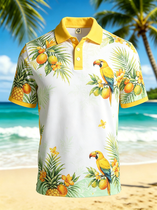 Moisture-Wicking Gradient-Color Parrot Pineapple And Leaf Pattern Short-Sleeve Hawaiian Golf Polo