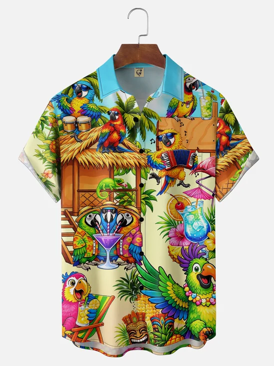Moisture-Wicking Gradient Parrot Cocktail Tiki Coconut Tree And Floral Pattern Chest Pocket Hawaiian Shirt