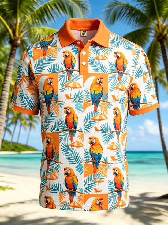 Moisture-Wicking Gradient Parrot & Leaf Print Short-Sleeve Hawaiian Golf Polo