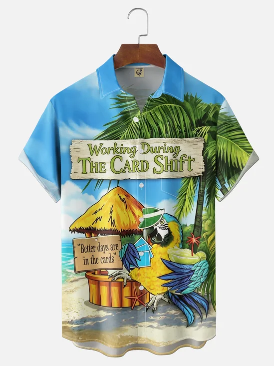 Moisture-Wicking Beach Coconut Tree Parrots Cocktails Playing Cards Chest Pocket Hawaiian Shirt