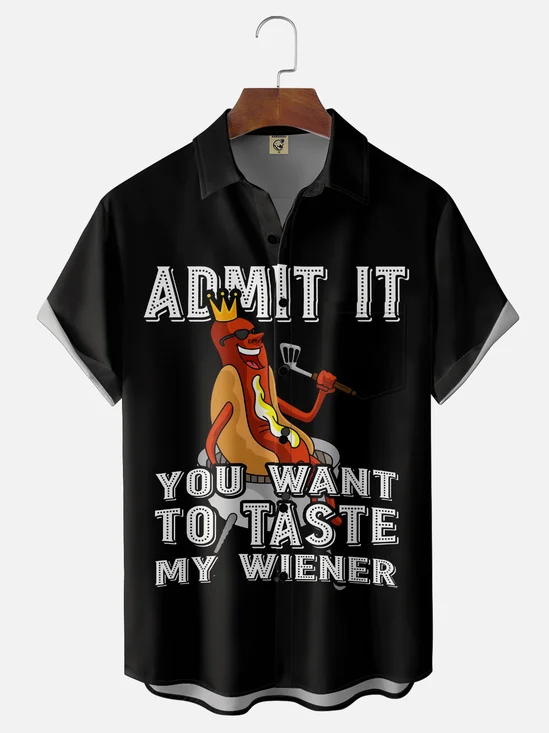 Moisture-Wicking, Fun & Quirky Hot Dog Man Slogan Chest Pocket Hawaiian Shirt