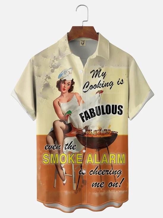 Moisture-Wicking Ombré Retro Girl BBQ Slogan Chest Pocket Hawaiian Shirt