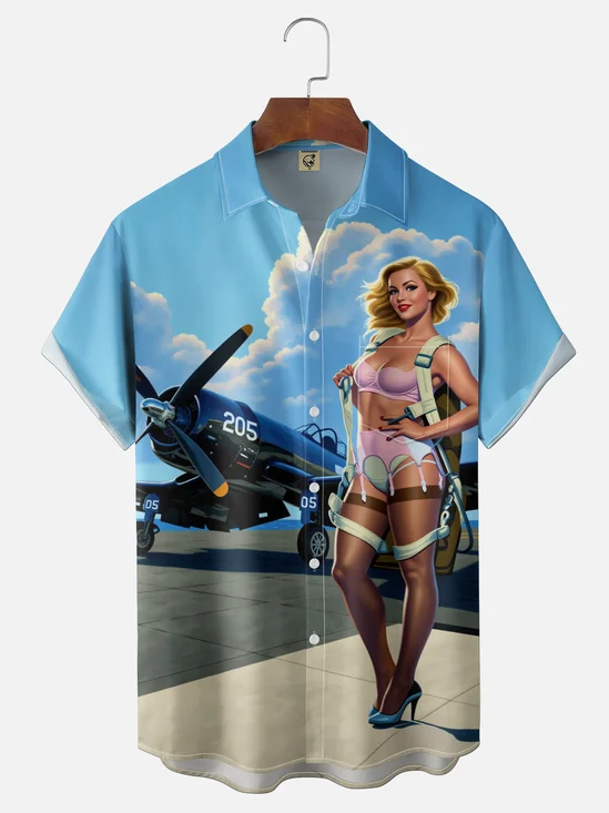 Moisture-Wicking Vintage Pin-up Girl Chest Pocket Hawaiian Shirt
