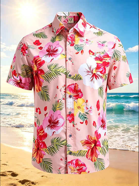 Moisture-Wicking Tropical Floral Vacation Style Chest Pocket Hawaiian Shirt