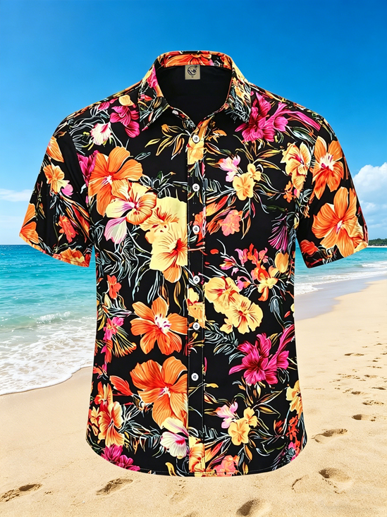 Moisture-Wicking Tropical Floral Vacation Style Chest Pocket Hawaiian Shirt