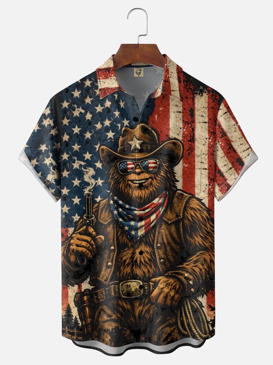 Moisture-Wicking, USA Flag Independence Day Bigfoot Chest Pocket Hawaiian Shirt