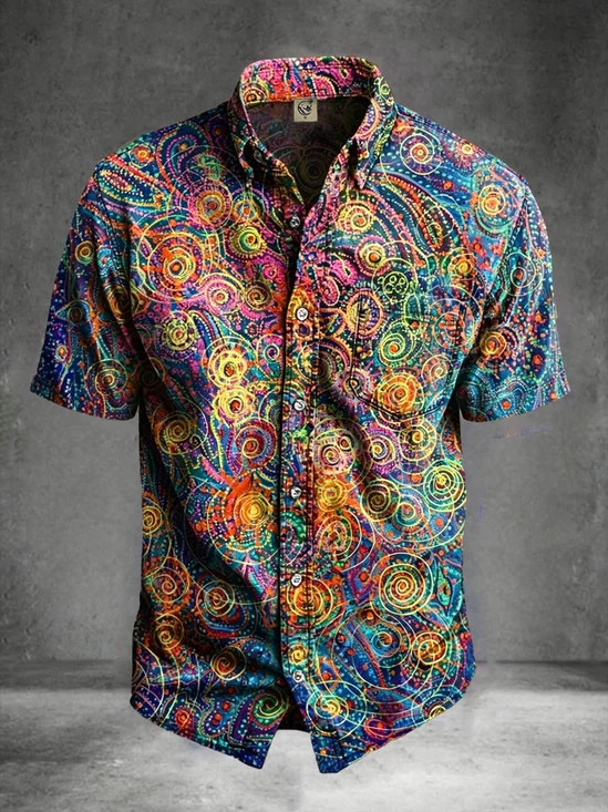 Moisture-Wicking Abstract Art Gradient Geometric Pattern Vacation Style Chest Pocket Hawaiian Shirt