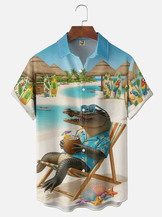 Moisture-Wicking Fun Beach Vacation Crocodile Chest Pocket Themed Hawaiian Shirt