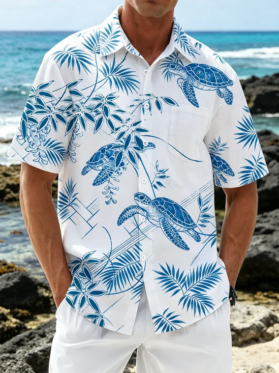 Linen-Texture Botanical Floral Turtle Chest Pocket Hawaiian Shirt