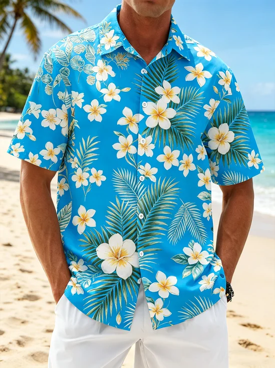 Linen-Textured Floral Chest Pocket Hawaiian Shirt
