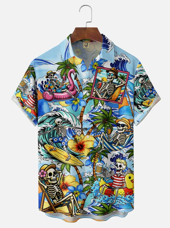 Moisture-Wicking  Tropical Coconut Trees Surfing Skulls  Chest Pocket Hawaiian Shirt