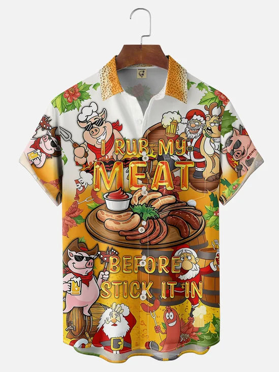 Moisture-Wicking  BBQ Party Slogan Hot Dog & Pig Design Chest Pocket  Hawaiian Shirt