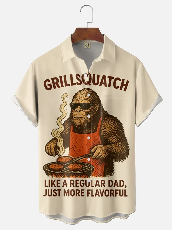Moisture-wicking BBQ Bigfoot Dad Slogan Chest Pocket Hawaiian Shirt