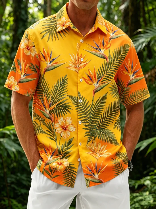 Linen-Textured Floral Chest Pocket Hawaiian Shirt