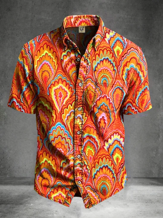Moisture-Wicking Abstract Art Gradient Geometric Pattern Vacation Style Chest Pocket Hawaiian Shirt