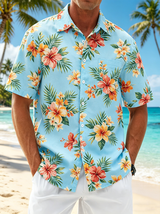 Linen-Texture Botanical Print Chest Pocket Hawaiian Shirt