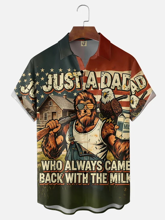 Moisture-Wicking "The Bigfoot Dad Who Always Brings Home Milk" Slogan Chest Pocket Hawaiian Shirt