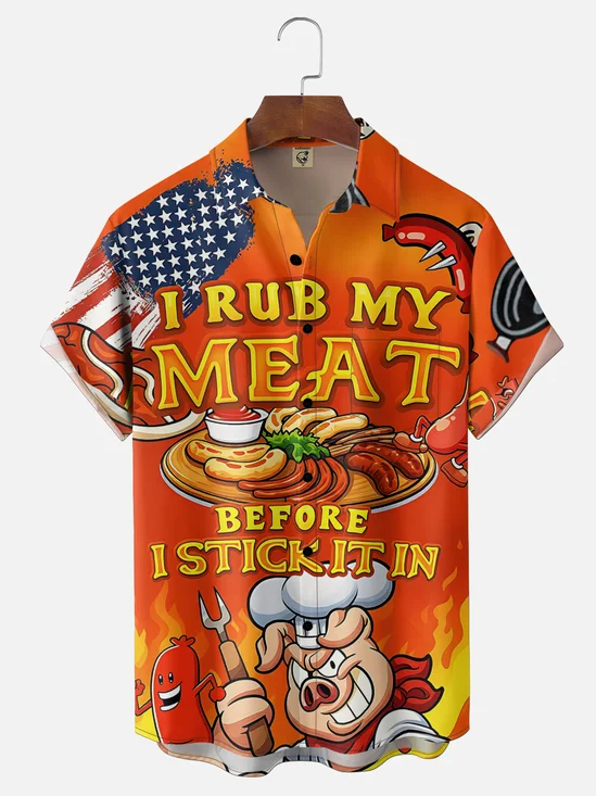 Moisture-Wicking  BBQ Party Slogan Hot Dog Pig Design Chest Pocket Hawaiian Shirt