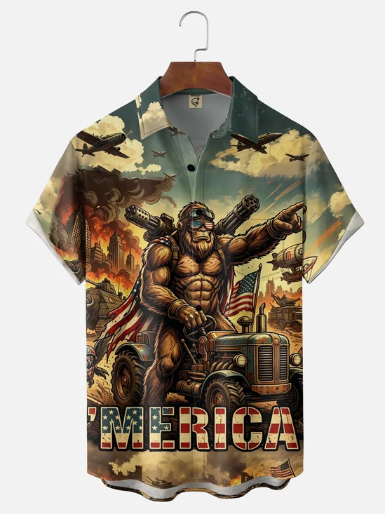 Moisture-Wicking USA Flag Independence Day Bigfoot Themed Chest Pocket Hawaiian Shirt
