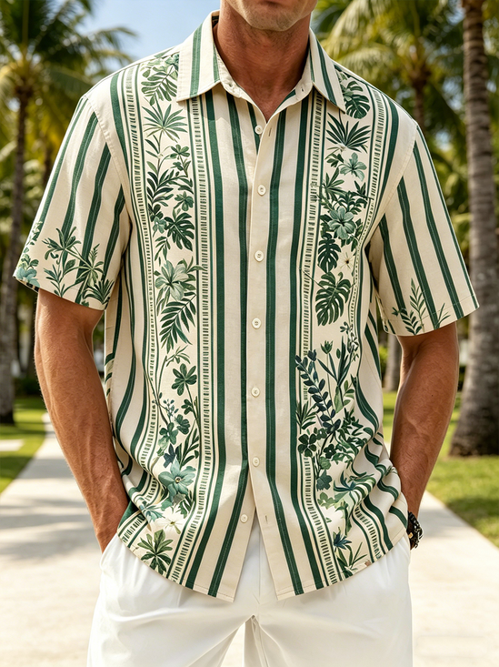 Linen-Texture Striped Botanical & Floral Chest Pocket Hawaiian Shirt
